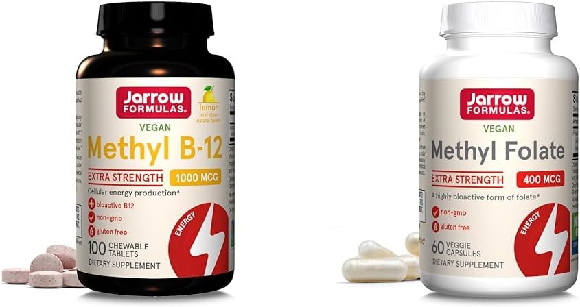 Jarrow Methyl B-12 1000mcg 100 Chewables & Methyl Folate 400mcg 60 Capsules de légumes pour l'énergie cellulaire, le cerveau, la santé cardiovasculaire et neurologique