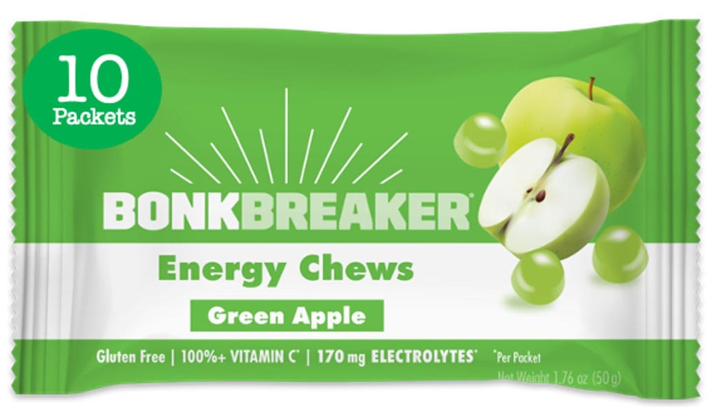 Bonk Breaker Energy Chews, ingrédients sans lait, sans gluten pour fournir une énergie et un focus rapides, 1 boîte de 10 paquets, pomme verte