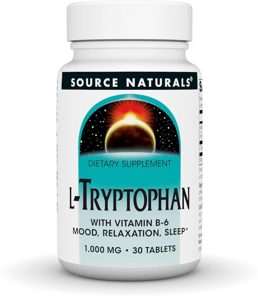 Source Naturals L-Tryptophane avec vitamine B-6 - Support d'humeur, relaxation et sommeil* 1000 mg - 30 comprimés