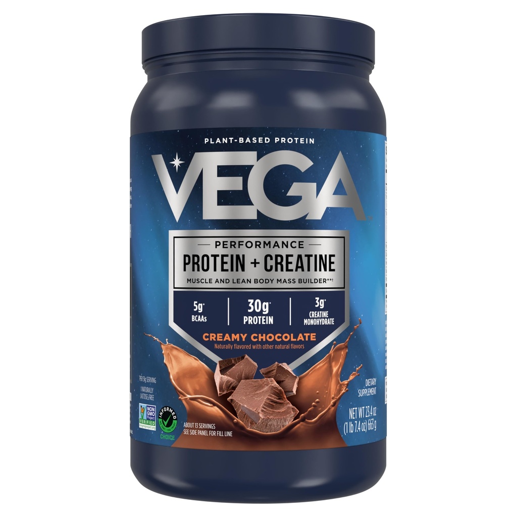 Protéines Vega + Créatine - 30g Protéines végétales, Chocolat, 13 portions, 3g Créatine, 5g BCAA, Vegan, Keto, sans gluten, sans lait, faible teneur en glucides, pour la croissance et la réparation musculaires, mélange de boissons, 23.4oz