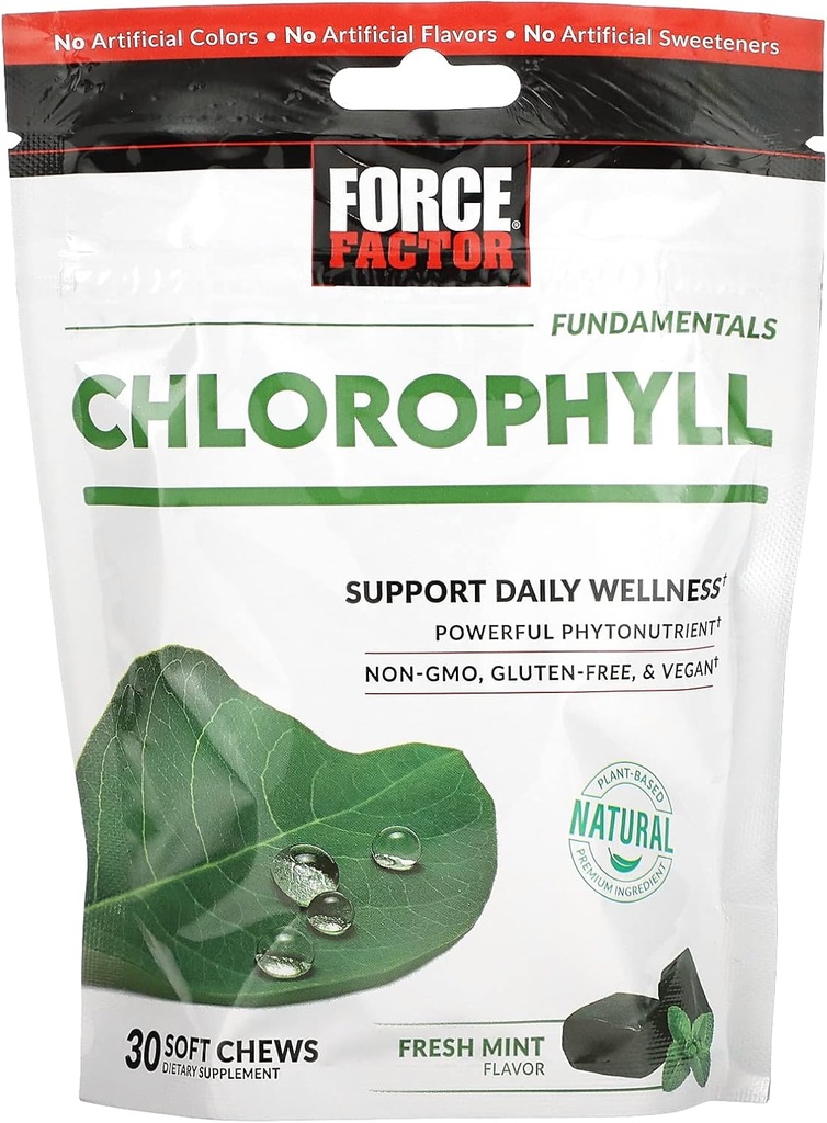 FACTEUR DE FORCE La chlorophylle est un supplément d'antioxydants pour réduire l'odeur corporelle, promouvoir la respiration fraîche, non-OGM, sans gluten, et végétalien, saveur de menthe fraîche, 30 aliments doux, vert