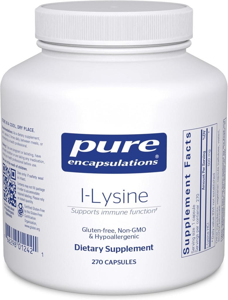 Pure Encapsulations L-Lysine - Essential Amino Acid Supplement for Immune Support & Gum, Lip Health* - with L-Lysine HCl - 270 Capsules