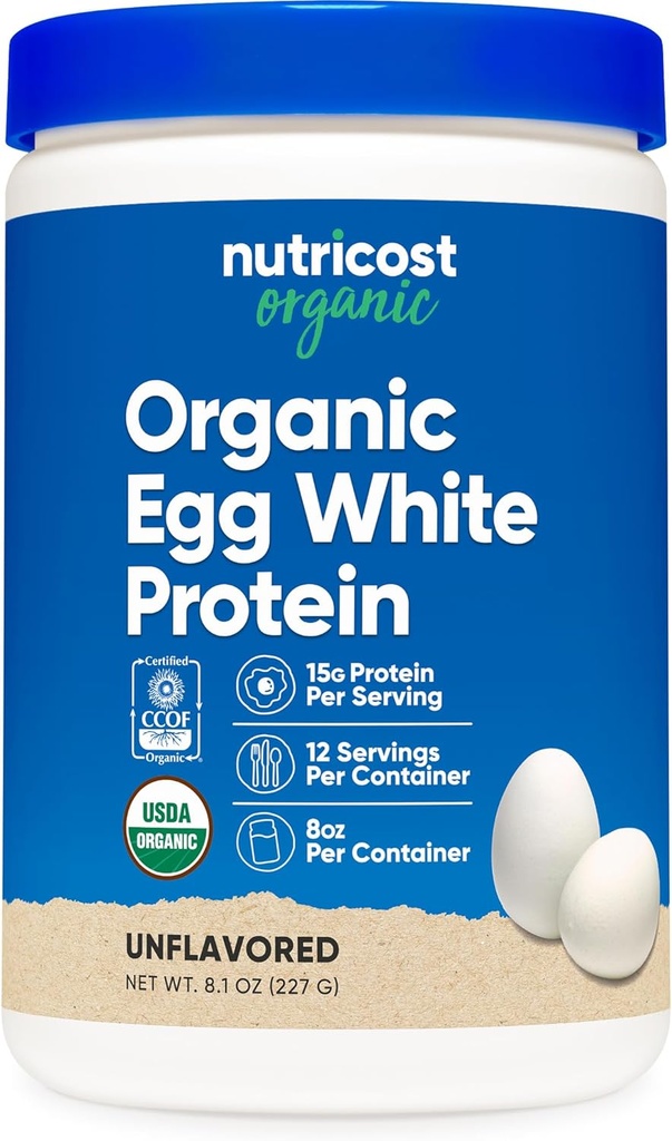 Nutricost poudre de protéines blanches d'oeufs biologiques 8 oz (non aromatisé) - 15 grammes de protéines par portion, sans OGM, sans gluten