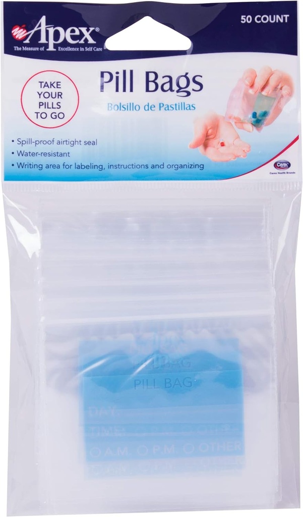 Sacs à pilules Apex Jetable Pilule, Vitamine et Médecine Organisateur Pochettes, Sacs à scellés zippés avec joint étanche antidérapant, Pocket Sized et Voyage Friendly, Facile à utiliser, 50 Compte, sans BPA