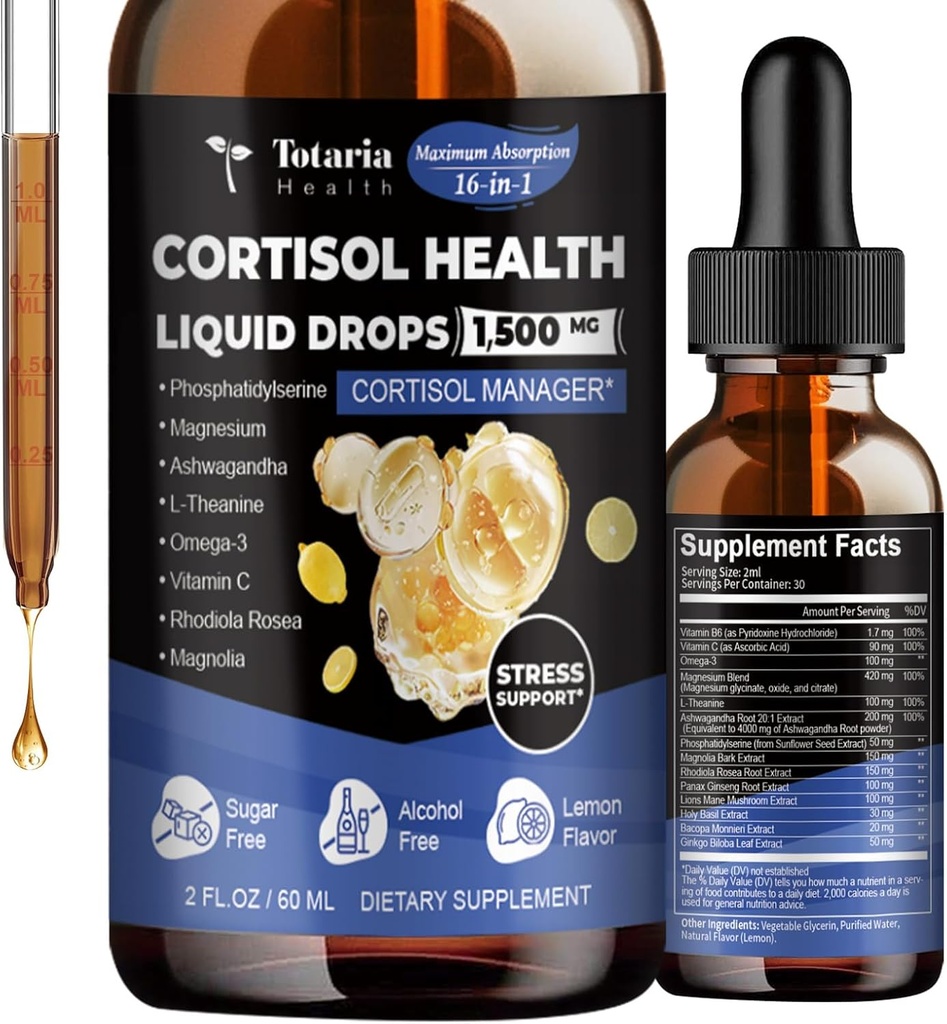 Totaria cortisol Supplement Liquid Drops Hormone Balance for Women Men with Magnesium Complex,Ashwagandha,Rhodiola Rosea,L Theanine,Phosphatidylserine Supplements Mood, Focus, Sleep Support 2 FL.OZ