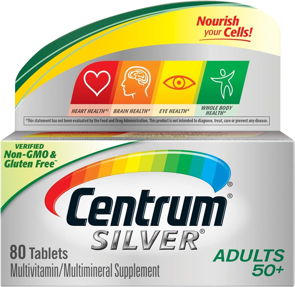 Supplément multivitamine d'argent centrum pour les adultes de plus de 50, 80 comprimés (paquet de 2)