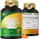 Vitamine D3 10000 UI Plus K2 (MK-7) 100mcg, Vitamine végane D3 K2 avec curcuma, Magnésium et zinc pour l'absorption de calcium, Bone et santé immunitaire, Huile de coco pour haute absorption, Facile à avaler, 120 Cts