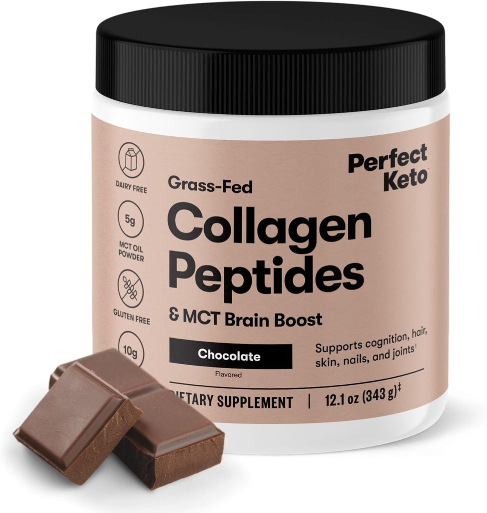 Perfect Keto Collagen Peptides poudre de protéines avec huile MCT, collagène hydrolysé, complément de type I & III, sans gluten, gazon, faible teneur en glucides, crème de café Keto, collagène pour les femmes et les hommes, chocolat