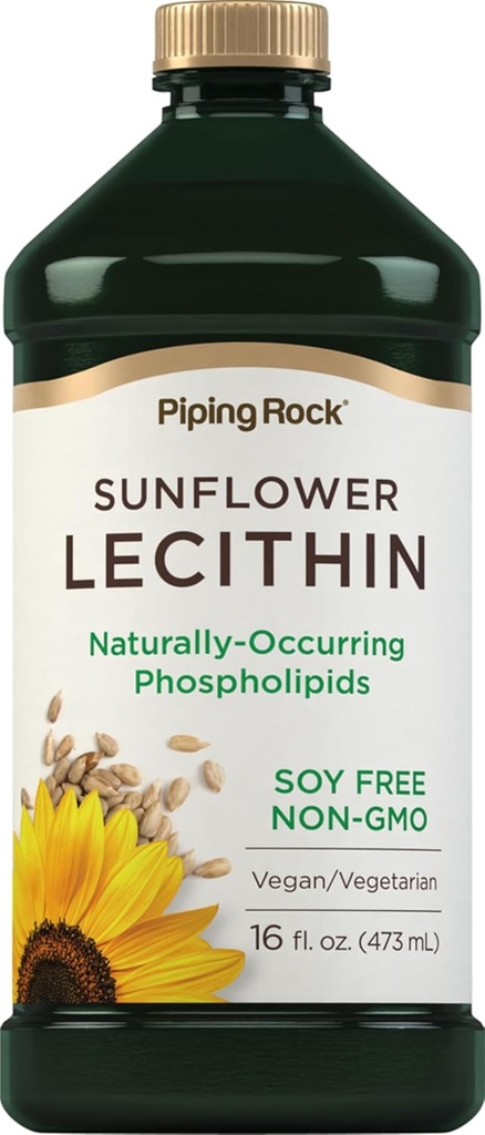 Piping Rock Sunflower Lécithine Liquid Supplement de 16 oz d'huile d'huile d'origine naturelle Phospholipides de végétalien, sans soja, sans OGM, sans soja, sans gluten