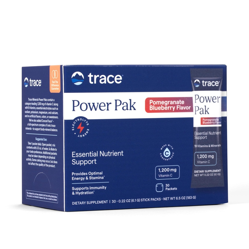 Trace Minerals Power Pak Multivitamin and Multimineral Packets - Soutien aux électrolytes - 1200 mg Vitamine C Plus 70 Granate de bleuet - 30 Packets