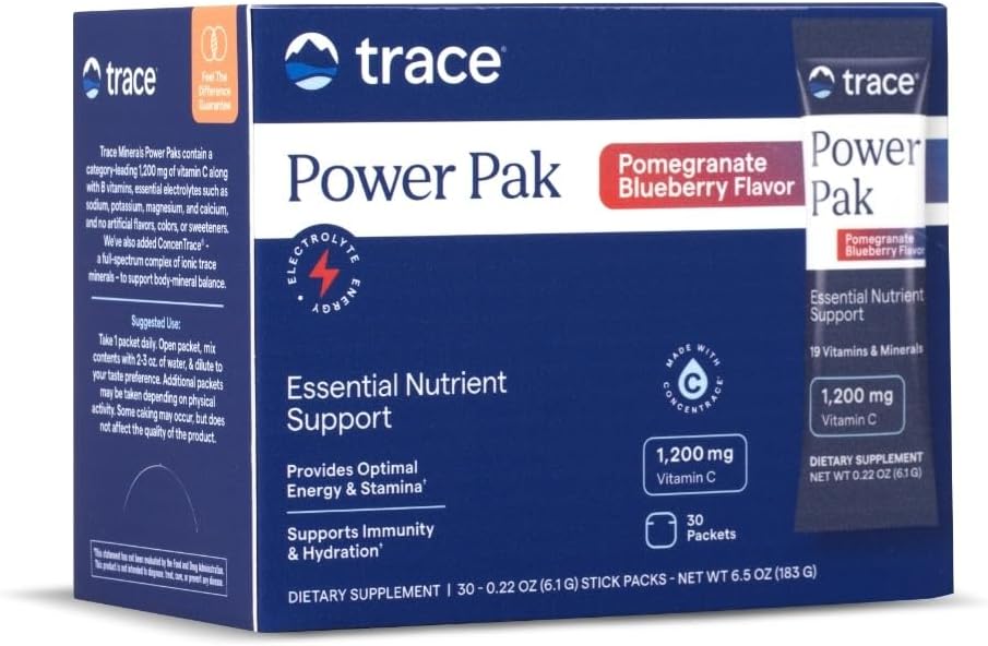 Trace Minerals Power Pak Multivitamin and Multimineral Packets - Soutien aux électrolytes - 1200 mg Vitamine C Plus 70 Granate de bleuet - 30 Packets