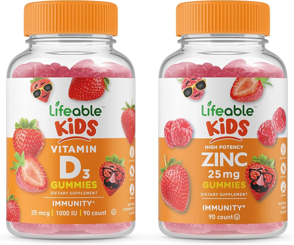 Zinc Lifeable 25mg Enfants + Vitamine D Enfants, Gommies Bundle - Grande dégustation, supplément de vitamine, sans gluten, sans OGM, gommy à croquer