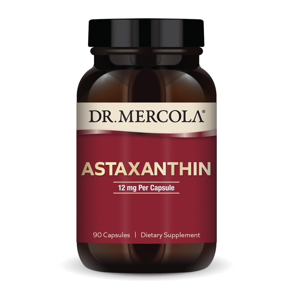 Dr Mercola Astaxanthine biologique - 12 mg Astaxanthine - Support puissant antioxydant - Extrait de microalgues organiques - Sans OGM, sans gluten et sans soja - 90 capsules (90 portions)