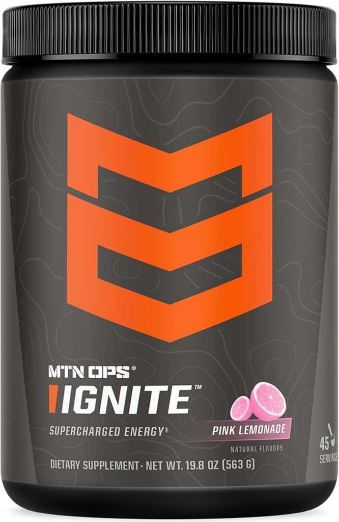 MTN OPS Ignite Energy Drink Poudre, Sans gluten Nootropic Supplément Drink Mix, L Arginine, L Citrulline, Caféine et Nootropic Sugar Drink Free Mix, 45 portions, Citronade rose