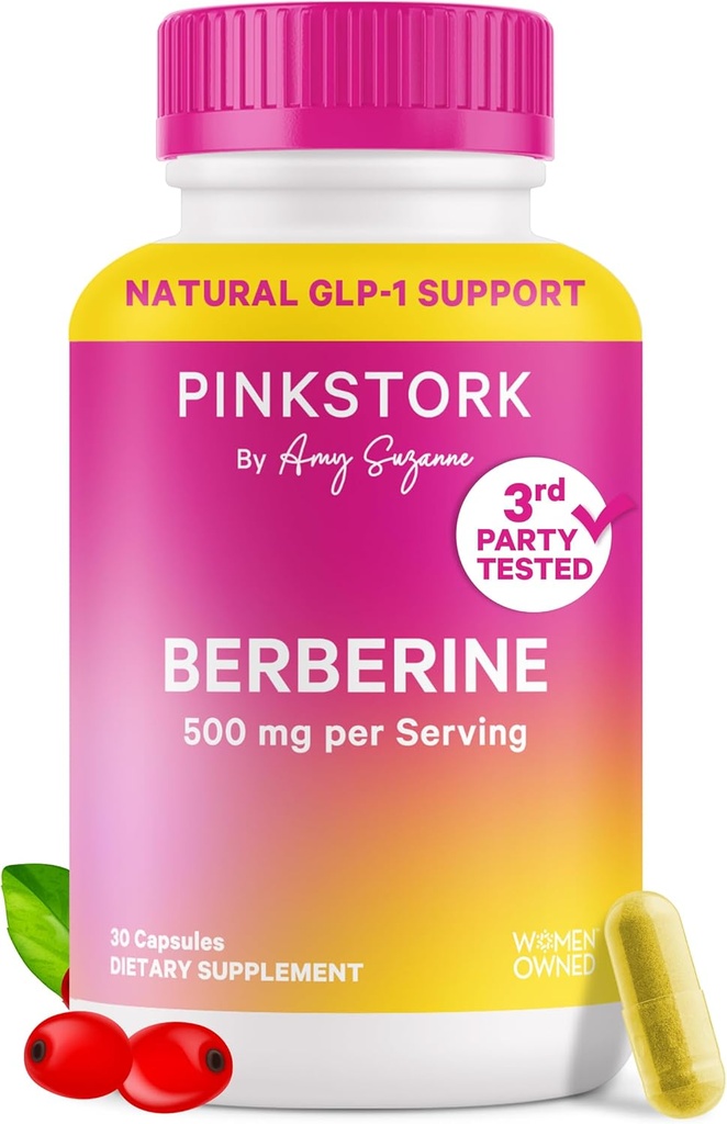 Pink Stork Berberine 500mg - Supplément GLP-1 de la nature - Activateur métabolique AMPK quotidien - 500-1000 mg Métabolisme + Santé Gut pour les femmes