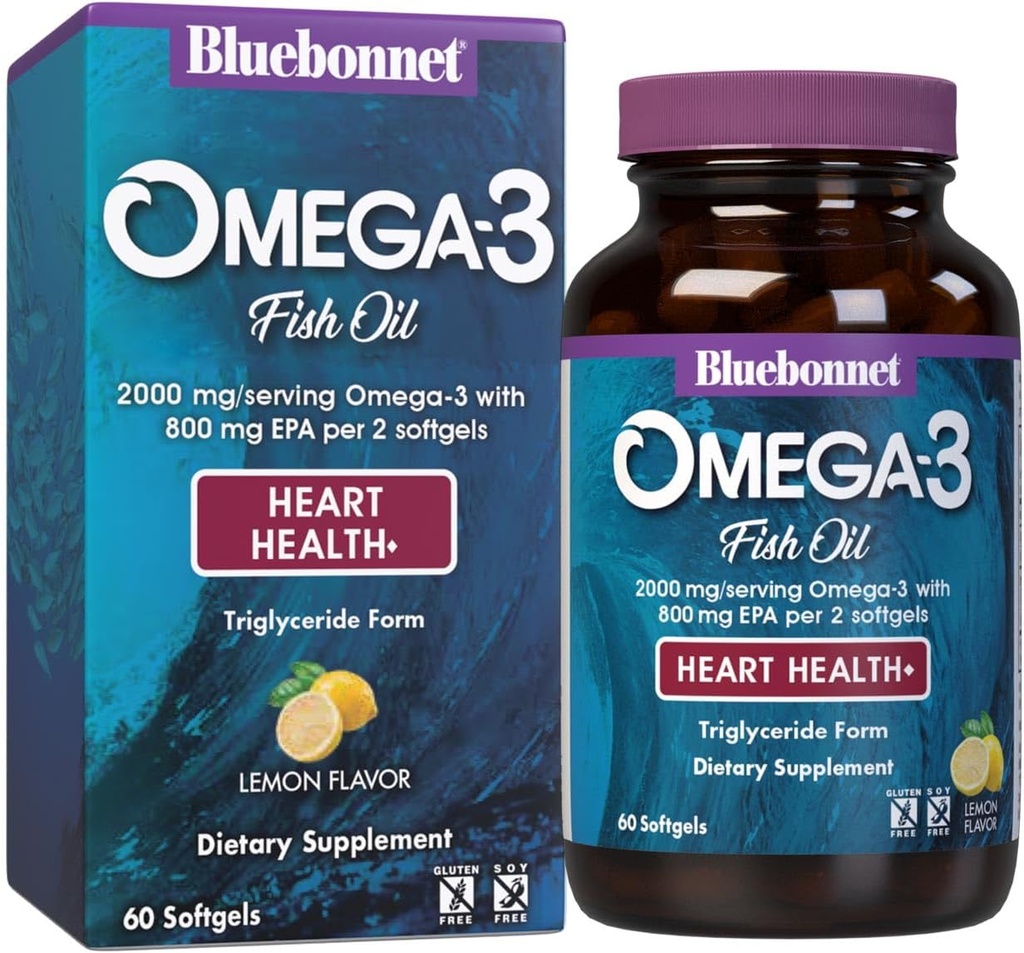 Bluebonnet Nutrition Omega-3 Formule cardiaque Triglycéride naturel capturé sauvage Forme DHA 600 mg EPA 800 mg - Supplément de soutien à la santé cardiaque hautement concentré - Sans gluten - 60 Softgel