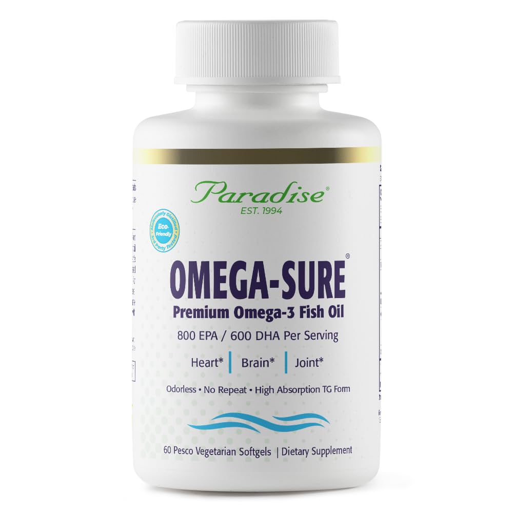 Paradise Herbs Omega-Sure, Omega-3 Concentrate, Premium Fish Oil, DHA, EPA, Vegan, Non GMO, Gluten Free, 60 Count Vegetarian Softgels