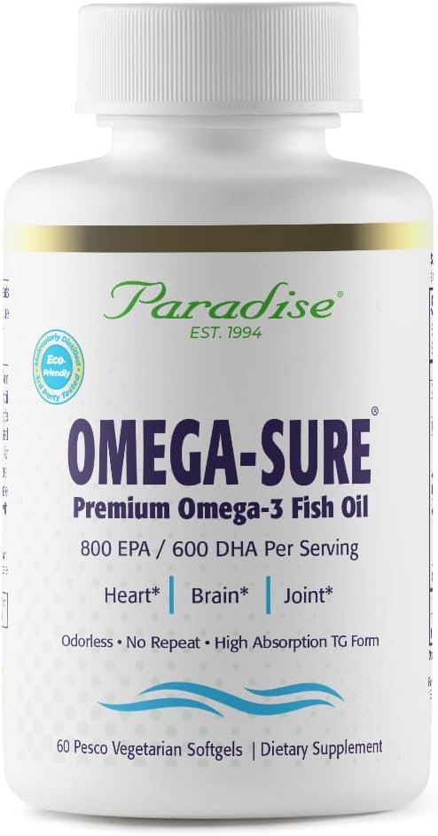 Paradise Herbs Omega-Sure, Omega-3 Concentrate, Premium Fish Oil, DHA, EPA, Vegan, Non GMO, Gluten Free, 60 Count Vegetarian Softgels