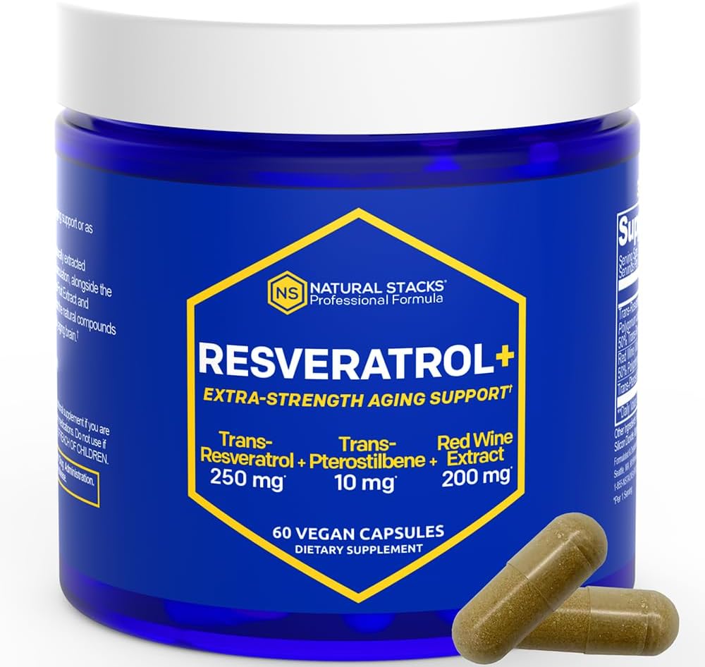Supplément Resveratrol - 250mg Trans-Resveratrol et 10mg Trans-Pterostilbene - Supplément antioxydants avec 200mg Extrait de vin rouge - Extra Strength Aging Support - 60 Capsules de Knotweed Japonais