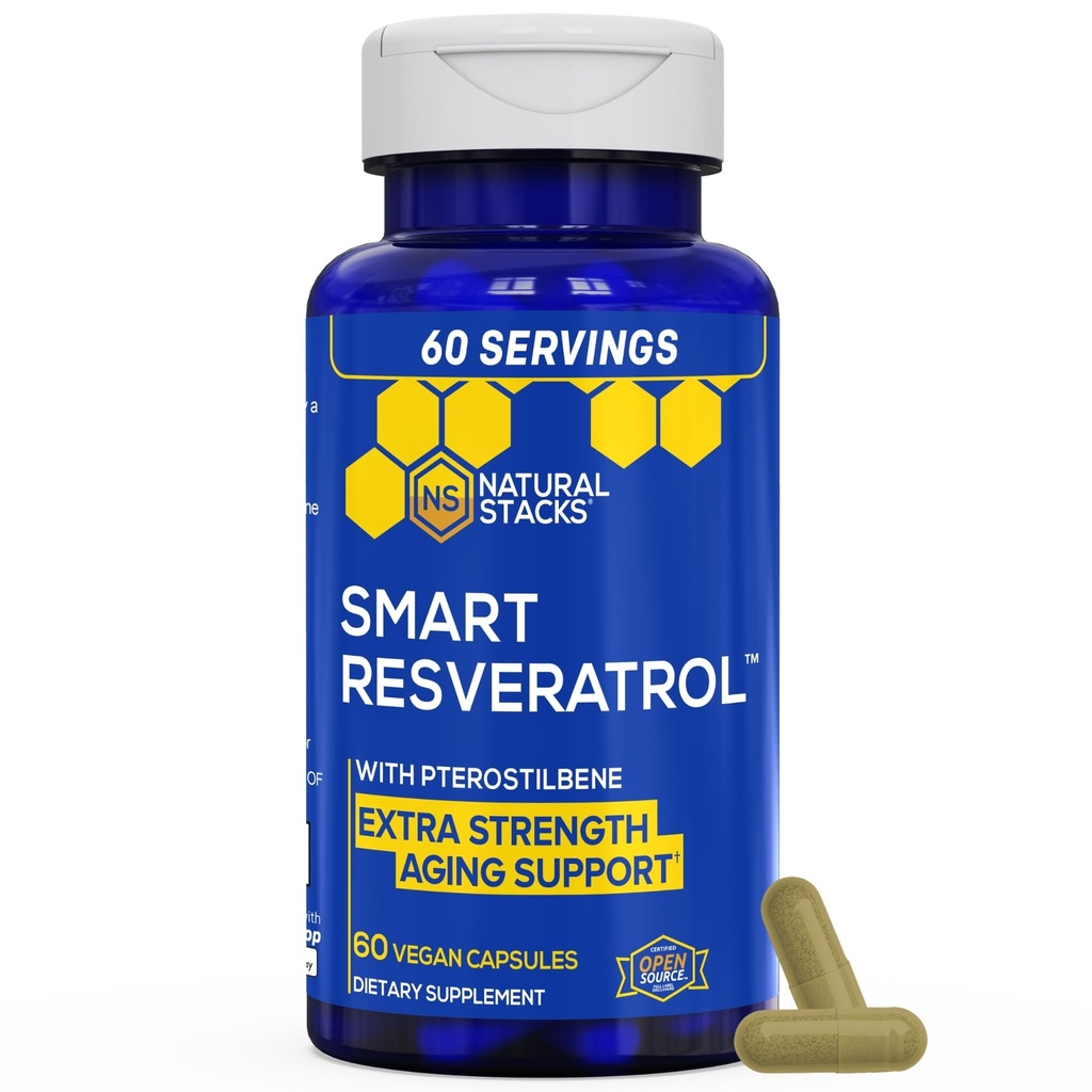 Supplément Resveratrol - 250mg Trans-Resveratrol et 10mg Trans-Pterostilbene - Supplément antioxydants avec 200mg Extrait de vin rouge - Extra Strength Aging Support - 60 Capsules de Knotweed Japonais