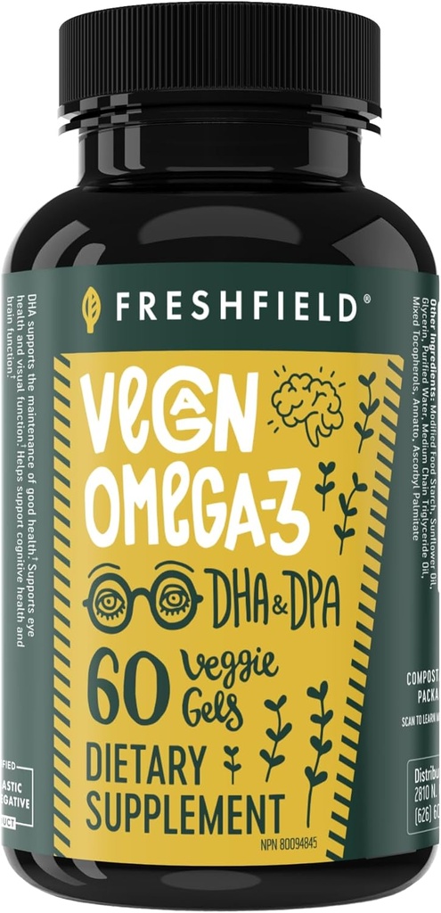 Vegan Omega 3 DHA: Huile d'algues, la plus examinée, Carrageenan libre, durable, testé, Pas de métaux lourds, Huile de poisson Alt, Omega basé sur la plante. Soutient le coeur, le cerveau, la santé articulaire