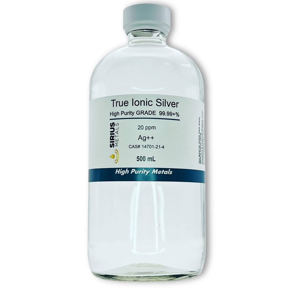 Vrai Argent Ionique Gratuit - 20 ppm: 500mL dans bouteille en verre transparent