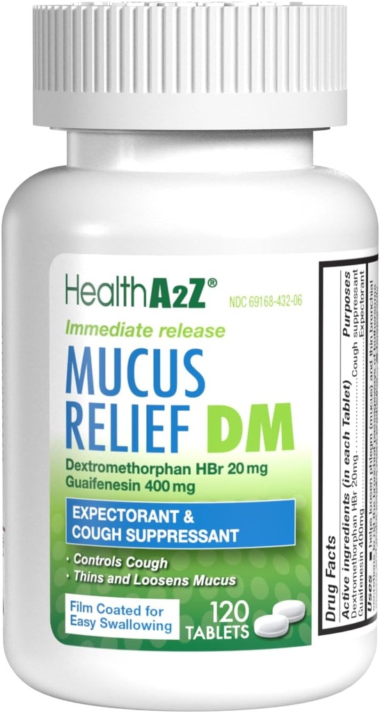 HealthA2Z® Mucus Relief DM-Dextrométhorphane HBr 20mg-Guaifenesin 400mg-D Non Benzène-D Toux, libération immédiate, non couchée (120 Nombre (paquet de 1))
