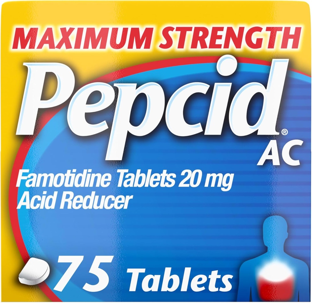 Pepcid AC Force maximale Comprimés de soulagement des brûlures d'estomac, la médecine OTC prévient et soulage les brûlures d'estomac en raison de l'indigestion acide, 20 mg Réducteur d'acide famotidine, action rapide, 75 Ct