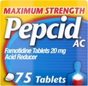 Pepcid AC Force maximale Comprimés de soulagement des brûlures d'estomac, la médecine OTC prévient et soulage les brûlures d'estomac en raison de l'indigestion acide, 20 mg Réducteur d'acide famotidine, action rapide, 75 Ct