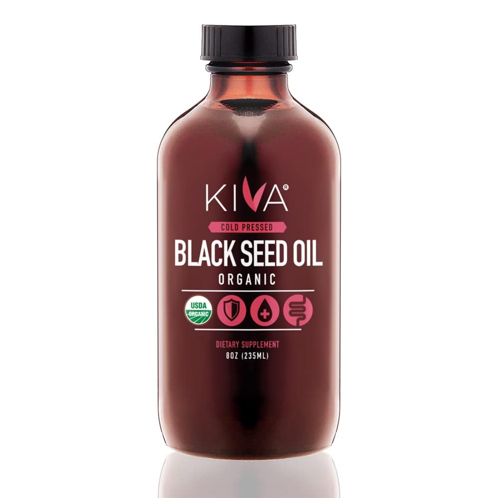 Huile de graine noire biologique de Kiva - Thymoquinone ultra-haute 3X (TQ), pressée à froid, 100 % d'huile de graine de nigella sativa turque, supplément tout naturel non OGM - Vegan, 8 oz (235 ml) Bouteille en verre