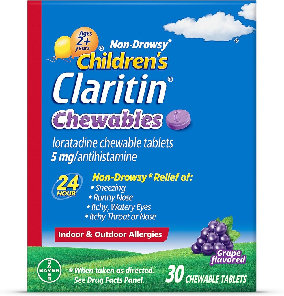Enfants Claritin Chewables 24 heures de soulagement de l'allergie, non somnolent enfants Allergie Médecine, Antihistaminique du raisin Comprimés à mâcher, 30 Compte