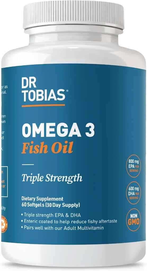 Dr Tobias Omega 3 Huile de poisson, 2000mg Triple Strength avec 800mg EPA 600mg DHA par service, huile de poisson Omega 3 suppléments pour le coeur, le cerveau et le soutien immunitaire, 60 Softgels, 30 portions