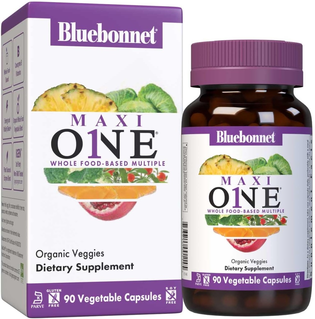 Bluebonnet Nutrition Maxi One (avec le fer), Multiple d'aliments entiers, Enzymes, Énergie, Vitalité, Sans gluten, Casher, Sans lait, Végétarien, Sans soja, Non-OGM, 90 Capsule végétale, Approvisionnement 3 mois, Beige