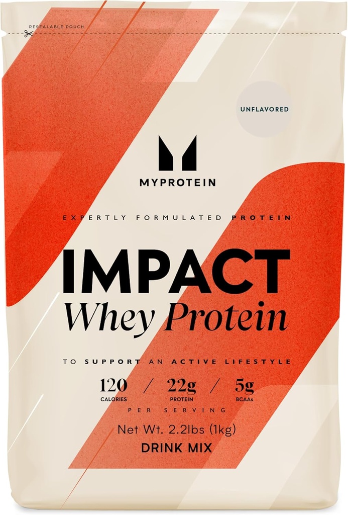 Myprotéine Impact Poudre de protéines de lactosérum, 2,2 Lb (33 portions) Non aromatisé, 22g Protéines et 5g BCAA Par portion, Secoue de protéines pour une performance supérieure, Force musculaire et récupération, Sans gluten