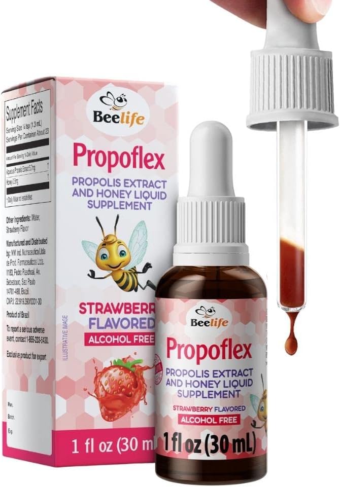 Extrait de propolis verte Propoflex d'abeille pour les enfants - Pas d'alcool Pripole d'abeille Teinture, hauts niveaux Artepillin-C - Supplément naturel antioxydant-rich liquide - Fraise Flavor, Fabriqué au Brésil, 30ml