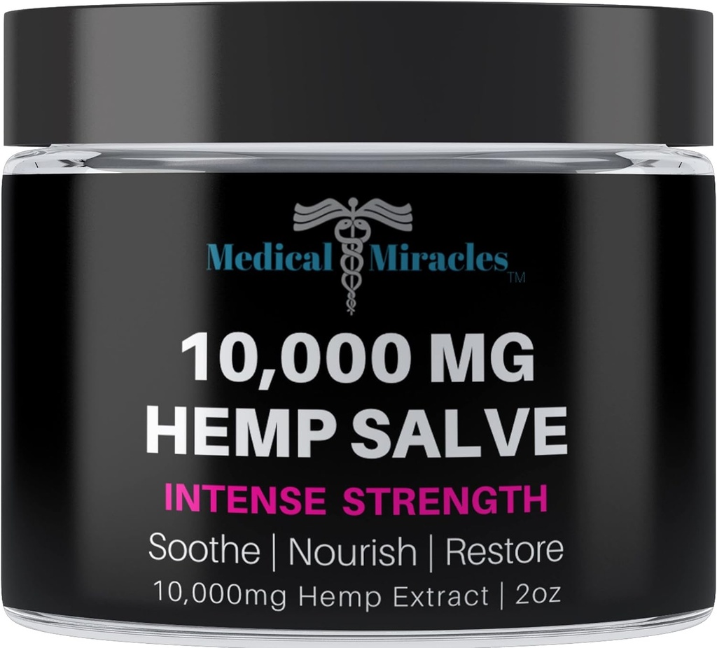 Miracles médicaux Hemp Salve Intense Strength 10 000 MG. Idéal pour les HIPS, les articulations, le cou, le dos, les elbows, les doigts, les mains et les genoux. 100% naturel - Fièrement fabriqué aux USA