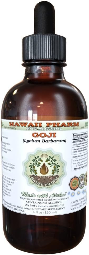 Goji Extrait liquide sans alcool, Goji biologique (Lycium Barbarum) Berry séché Glycérite Hawaii Pharm supplément naturel à base de plantes 4 oz