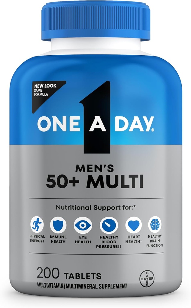 Un jour Hommes 50+ Avantage santé Multivitamine, Multivitamine pour hommes avec des vitamines A, C, E, B6, B12, Calcium et vitamine D, Comprimé, 200 Compte (paquet de 1)