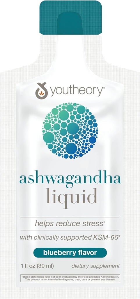 Youtheory Ashwagandha Liquid - Utilise un mélange à base de plantes biologique KSM-66 pour soutenir les niveaux d'énergie et le soulagement du stress* - 12 paquets à usage unique (12 jours)