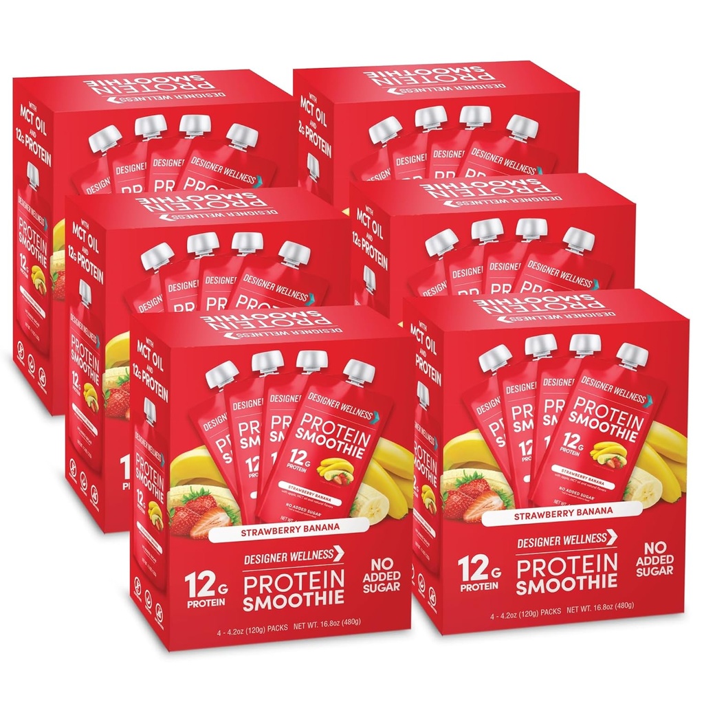 Designer Wellness Protein Smoothie, Real Fruit, 12g Protéines, Faible Carb, Zéro Sucre ajouté, Sans gluten, Non-OGM, Pas de Couleurs ou d'arômes artificiels, Banane de fraise, 24 Compte