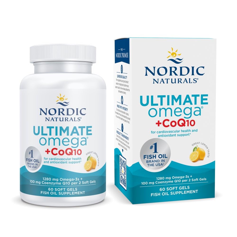 Nordic Naturals Ultimate Omega + CoQ10 Supplement | 1280 Mg Omega 3 Fish Oil & Ubiquinol CoQ10 100Mg | Coenzyme Q10 For Cardiovascular Health & Antioxidant Support | Lemon Fish Oil Flavour 60 Softgel