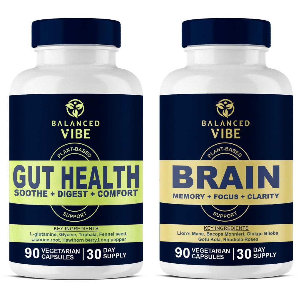 Ambiance équilibrée Cerveau + Gut Santé Axis de mémoire + Focus de mémoire + Gut Supplément de santé de Gut Support basé sur la plante pour la mémoire, Focus & Gut Inflammation Réponse de 90 capsules Chaque