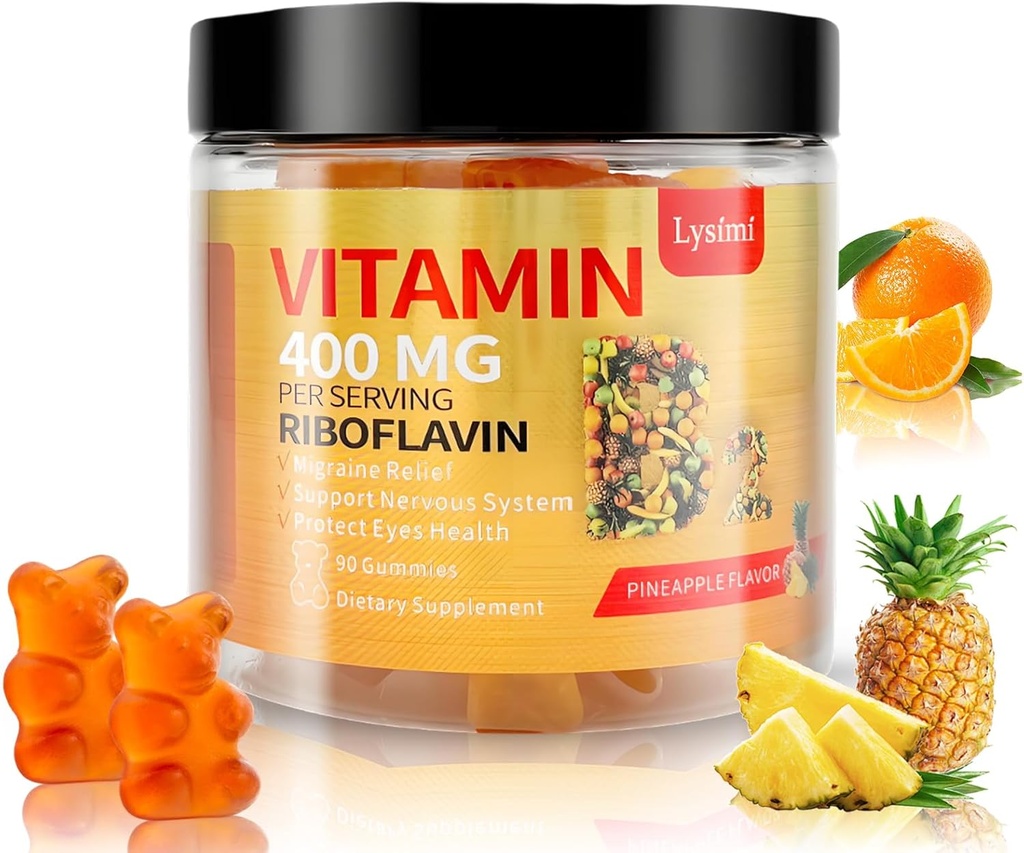 Vitamine B2 Gummies, Vitamine B2 Riboflavine Gummies 400mg avec Magnésium et Coq10, Anti-migraine et soulagement des maux de tête, pour les enfants et les adultes, 90 Gummies à croquer (1)