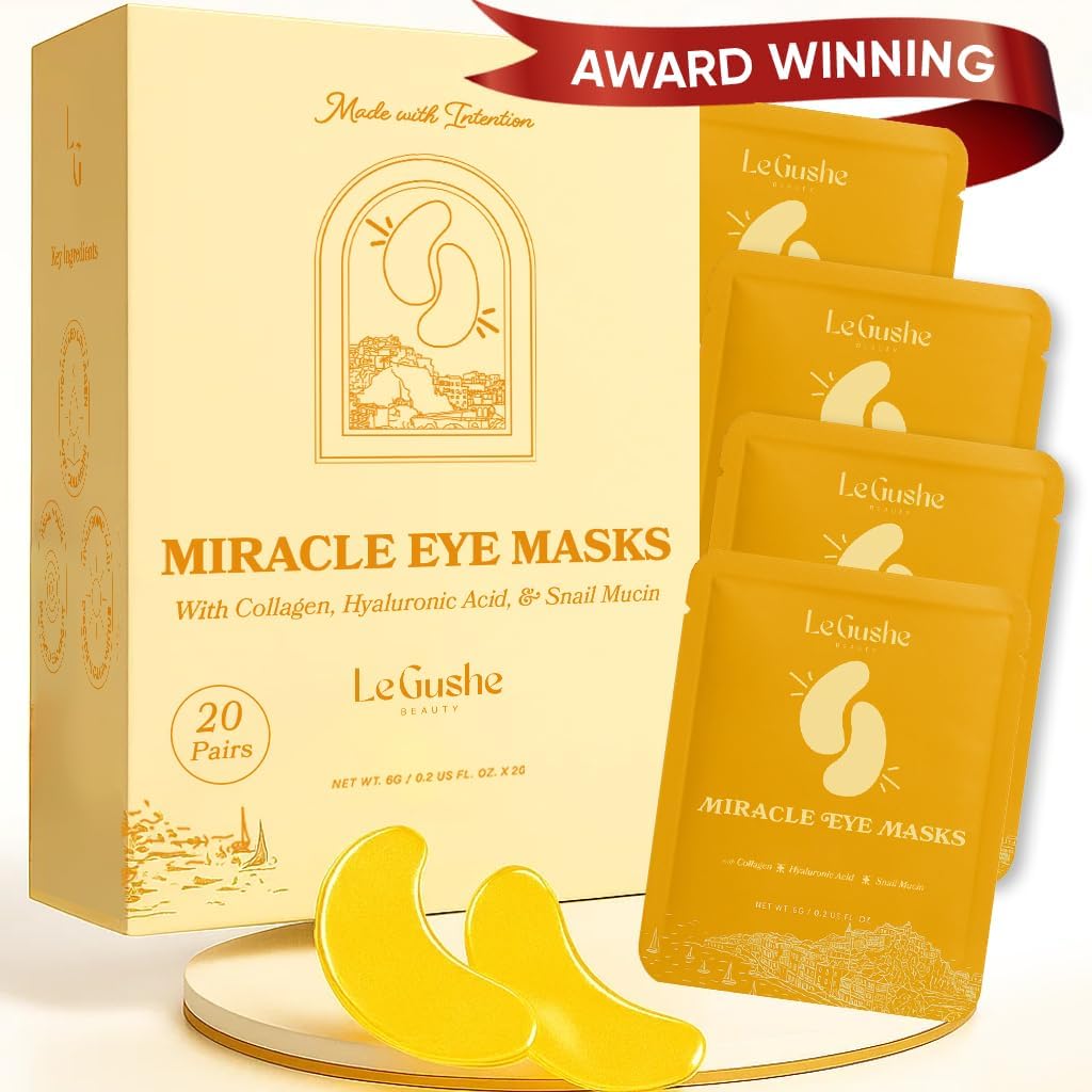 LE GUSHE Gold Under Eye Patches for Puffy Eyes and Dark Circles (20 Pairs) - Hydrating Collagen Under Eye Masks with Snail Mucin - Soothing Puffy Eyes Treatment for Women & Men - Bridesmaid Gifts
