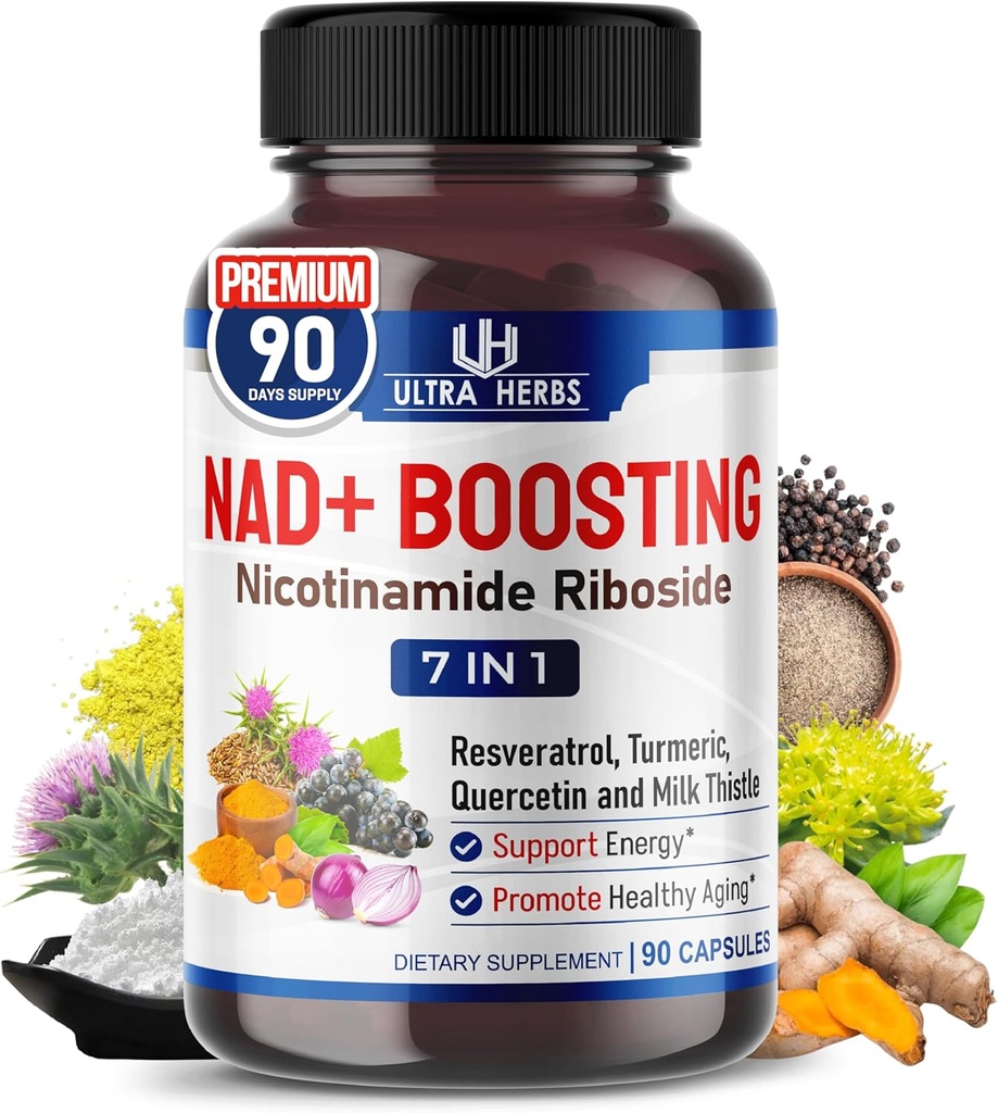 NAD+ Supplément avec Nicotinamide Riboside NR, Trans Resvératrol, Quercetin - Soutien énergie cellulaire, longévité, vieillissement en santé *USA fait et testé* (90 Nombre (paquet de 1))