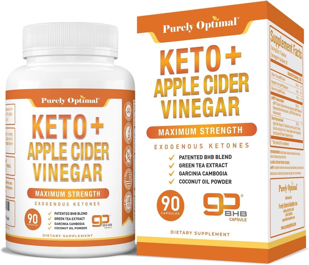 Capsules de vinaigre de cidre de pomme et Keto purement optimisées - Supplément de cétones exogènes avec la mère pour le soutien de la kétose, mode de vie sain et bien-être général - 90 Capsules
