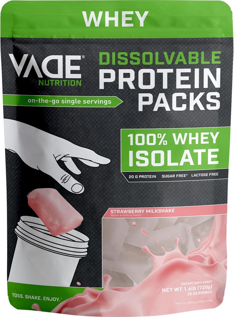 VADE Nutrition Paquets de protéines dissolvables : Strawberry Milkshake Whey Isolate Protein Powder, on-the-Go, faible teneur en glucides, faible teneur en calories, sans lactose, sans gluten, sans gras, sans sucre, maigre, 30 portions