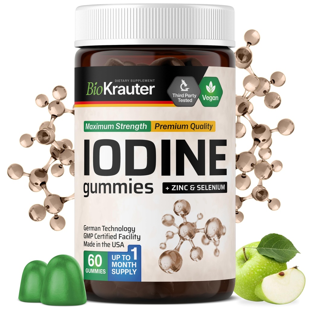 BIO KRAUTER Iodine Gummies - 60 Végétaliens Chews - 250 mcg Iodide de potassium - Supplément d'iode avec Zink de sélénium - Pommes, Pectines