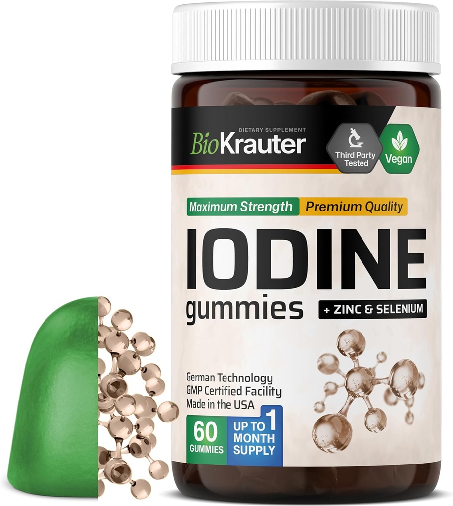 BIO KRAUTER Iodine Gummies - 60 Vegan Chews - 250 mcg Potassium Iodide - Iodine Supplement with Selenium Zink - Apple Flavor, Pectin-Based Chews