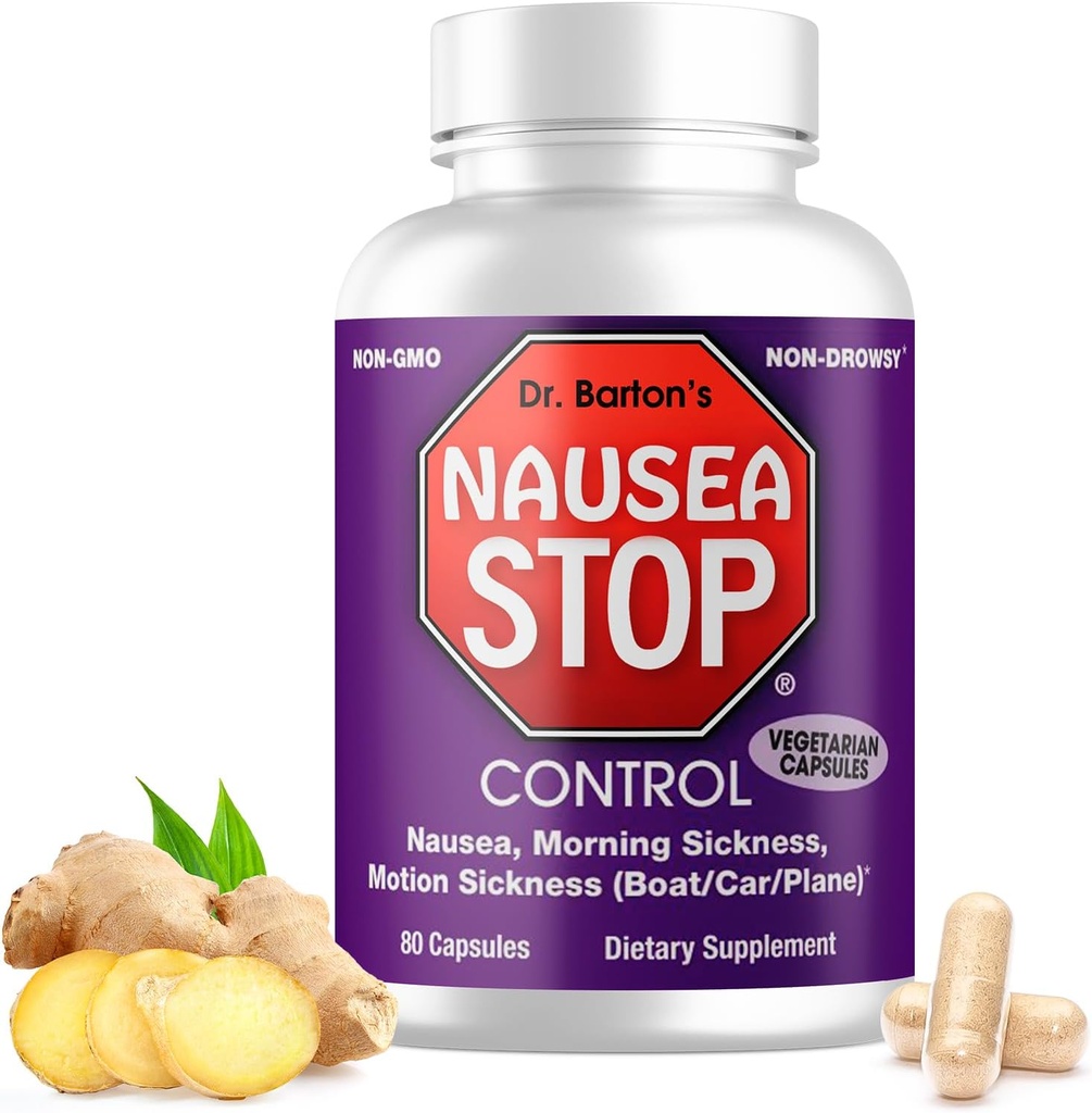 Dr. Barton’s Nausea Stop Nausea Relief Supplement – 80-Count Anti-Nausea and Morning Sickness Capsules – Natural Vegetarian Capsules – Dizziness, Motion Sickness and Nausea Relief for Pregnant Women